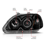 ANZO 1996-1998 Honda Civic Projector Headlights w/ Halo Black - 121068