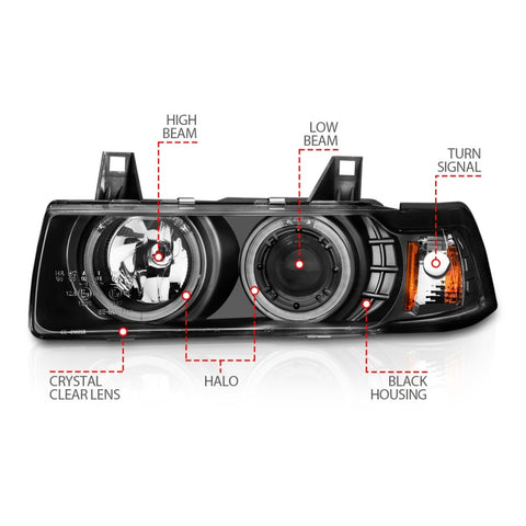 ANZO 1992-1998 BMW 3 Series E36 Projector Headlights w/ Halo Black G2 1 pc - 121325