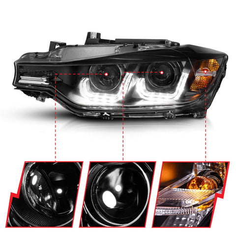 ANZO 2012-2015 BMW 3 Series Projector Headlights w/ U-Bar Black - 121504