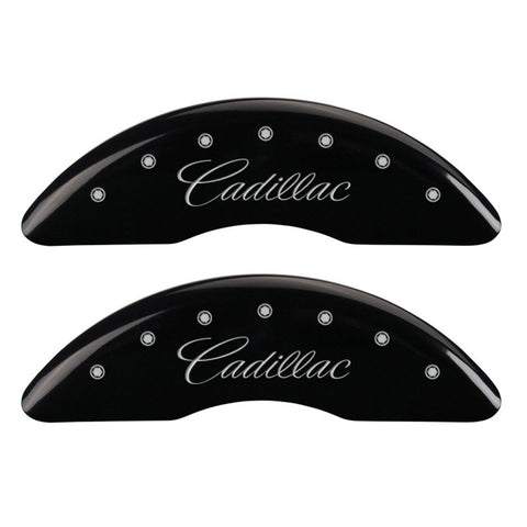 MGP 4 Caliper Covers Engraved Front & Rear Cursive/Cadillac Black finish silver ch - 35008SCADBK