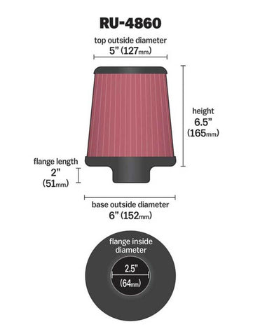 K&N Filter Universal Rubber Filter 2 1/2 inch Flange 6 inch Base 5 inch Top 6 1/2 inch Height - RU-4860