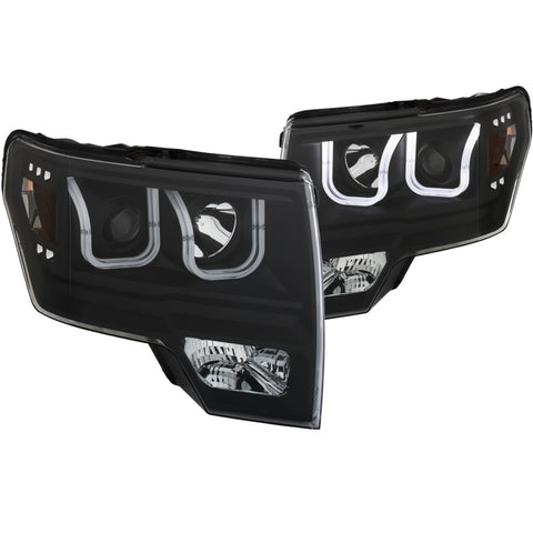 ANZO 2009-2014 Ford F-150 Projector Headlights w/ U-Bar Black Amber (HID TYPE) (WITHOUT HID KIT) - 111351