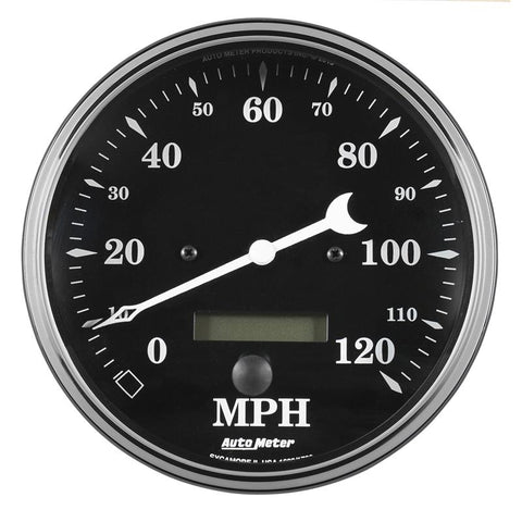 Auto Meter Gauge Speedo. 5in 120mph Elec. Prog. w/ LCD Odo Old Tyme Black - 1789