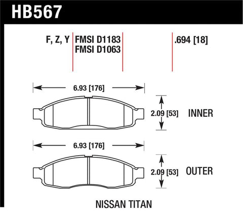 Hawk 04-06 Infiniti QX56 / 05-06 Armada / 04 Pathfinder / 04-07 Titan LTS Street Front Brake Pads - HB567Y.694
