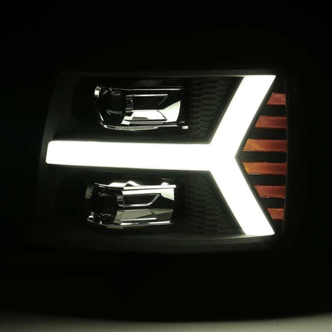 AlphaRex 07-13 Chevy 1500 LUXX LED Proj Headlights Plank Style Jet Blk w/ Activ Light/Seq Signal/DRL - 880223