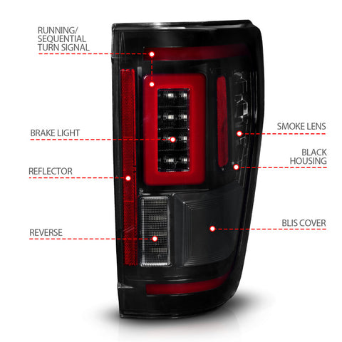 ANZO 21-23 Ford F-150 LED Taillights Seq. Signal w/BLIS Cover - Smoke Blk (For Factory Halogen ONLY) - 311476
