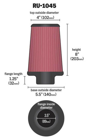 K&N Universal Tapered Filter 3.5in Flange ID x 5.5in Base OD x 4in Top OD x 8in Height - RU-1045