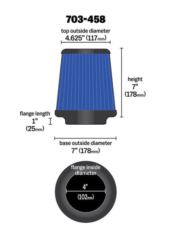 Airaid Universal Air Filter - Cone 4 x 7 x 4 5/8 x 7 w/ Short Flange - Blue SynthaMax - 703-458