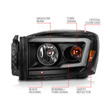 ANZO 06-09 Dodge RAM 1500/2500/3500 Headlights Black Housing/Clear Lens (w/Switchback Light Bars) - 111526