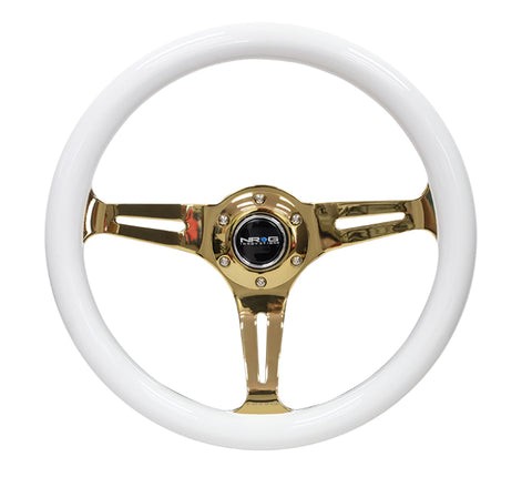 NRG Classic Wood Grain Steering Wheel (350mm) White Grip w/Chrome Gold 3-Spoke Center - ST-015CG-WT