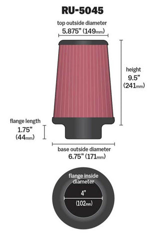 K&N Filter 4 inch Flange 6 3/4 inch OD Base 5 7/8 inch OD Top 9 1/2 inch Height - RU-5045