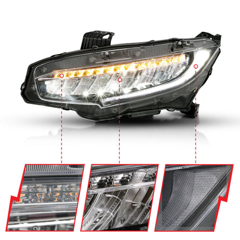ANZO 16-17 Honda Civic Projector Headlights Plank Style Black w/Amber/Sequential Turn Signal - 121527