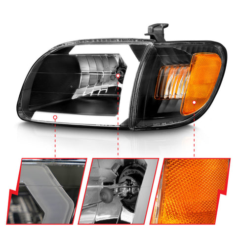 ANZO 00-04 Toyota Tundra (Fits Reg/Acc Cab Only) Crystal Headlights w/Light Bar Black w/Corner Light - 111579