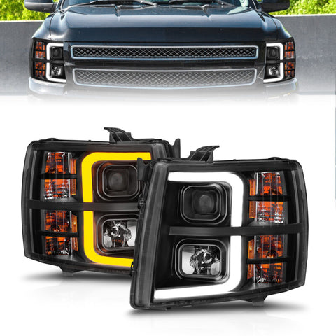 ANZO 2007-2013 Chevrolet Silverado 1500 Projector w/ Light Bar Black Housing w/ Sequential - 111545