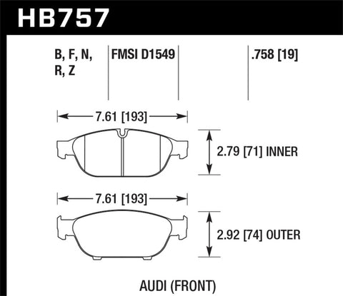 Hawk Audi 2013 A5 Quattro / 12-16 A6 Quattro/A7 Quattro/A8 Quattro HPS 5.0 Front Brake Pads - HB757B.758