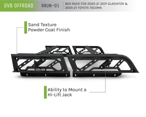 DV8 Offroad 20-22 Jeep Gladiator JT / 05-21 Toyota Tacoma Overland Bed Rack - 2pc. Adjustable - RRUN-01