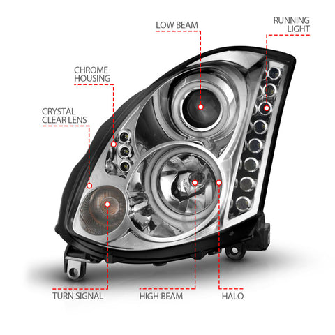 ANZO 2003-2007 Infiniti G35 Projector Headlights w/ Halo Chrome (CCFL) (HID Compatible) - 121364