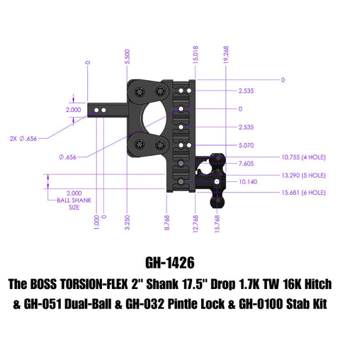 Gen-Y The Boss Torsion-Flex 2in Shank 17.5in Drop 16K Hitch w/GH-051 Dual-Ball/Pintle Lock/Stab Kit - GH-1426
