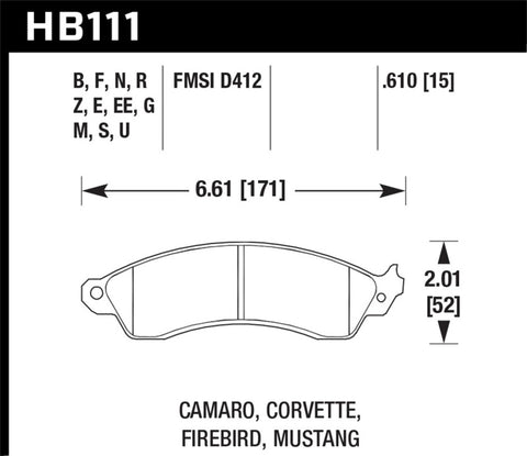 Hawk 94-04 Mustang Cobra / 88-96 Corvette / 88-92 Camaro w/HD Brakes Front Blue 9012 Race Brake Pads - HB111E.610