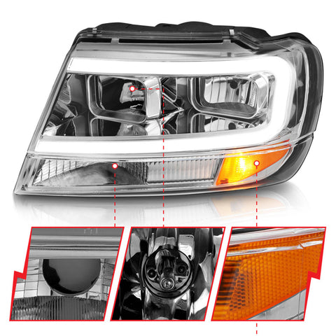 ANZO 1999-2004 Jeep Grand Cherokee Crystal Headlights w/ Light Bar Chrome Housing - 111538