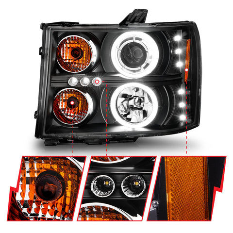ANZO 2007-2013 GMC Sierra 1500 Projector Headlights w/ Halo Black - 111125