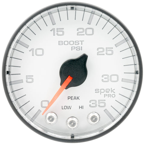 Autometer Spek-Pro 2 1/16in 35PSI Stepper Motor W/Peak & Warn White/Black Boost Gauge - P303128