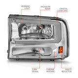 ANZO 99-04 Ford F250/F350/F450/Excursion (excl. 99) Crystal Headlights - w/ Light Bar Chrome Housing - 111550