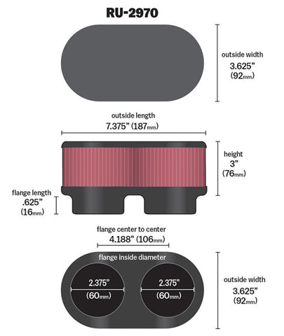 K&N Filter Universal  Filter 2 3/8 inch Dual Flange 107mm C-C 3 inch Height - RU-2970