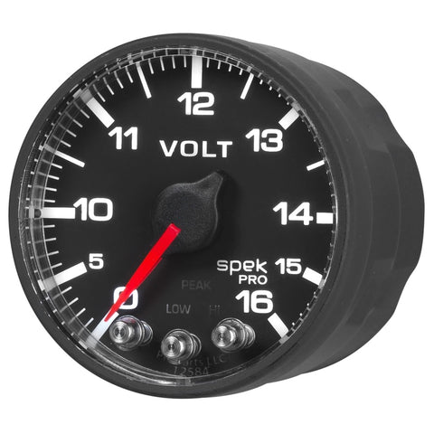 AutoMeter Gauge Voltmeter 2-1/16in. 16V Stepper Motor W/Peak & Warn Blk/Blk Spek-Pro - P344328