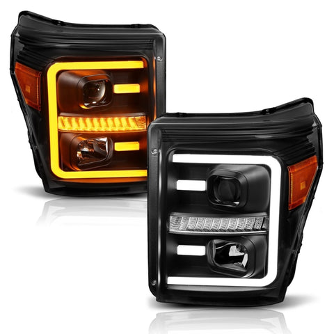ANZO 2011-2016 Ford F250 Projector Headlights w/ Plank Style Switchback Black w/ Amber - 111406