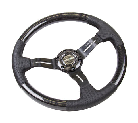 NRG Carbon Fiber Steering Wheel (350mm / 1.5in. Deep) Leather Trim w/Blk Stitch & Slit Cutout Spokes - ST-010CFBS