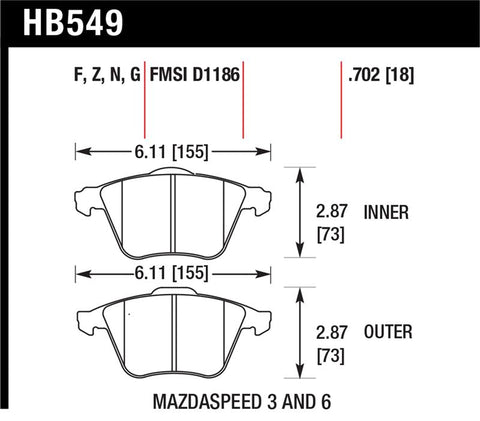 Hawk 07-08 Mazdaspeed3/06-07 Mazdaspeed6 HPS Street Front Brake Pads - HB549F.702