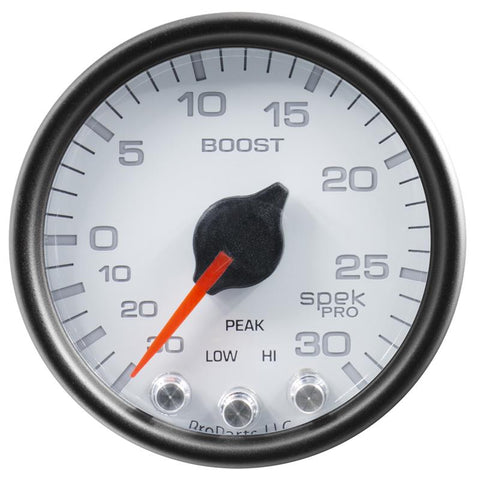 Autometer Spek-Pro Gauge Vac/Boost 2 1/16in 30Inhg-30psi Stepper Motor W/Peak & Warn White/Black - P30212