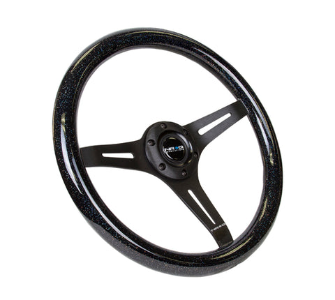 NRG Classic Wood Grain Steering Wheel (350mm) Black Sparkled Grip w/Black 3-Spoke Center - ST-015BK-BSB