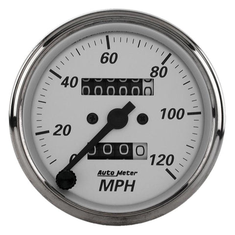 Autometer 3-1/8in Silver Bezel/White Face 120mph Mechanical In-Dash Tacho/Speedometer w/ Trip Gauge - 1993