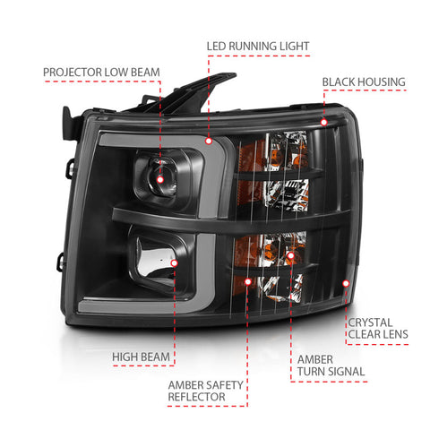 ANZO 07-13 Chevrolet Silverado 3500 Projector Headlights - Black Amber - 111480
