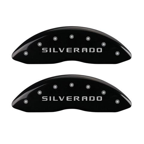 MGP Front set 2 Caliper Covers Engraved Front Silverado Black finish silver ch - 14207FSILBK