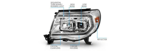 Raxiom 05-11 Toyota Tacoma Axial Series Switchback Proj Headlights- Chrome- Clear Lens - TT23362