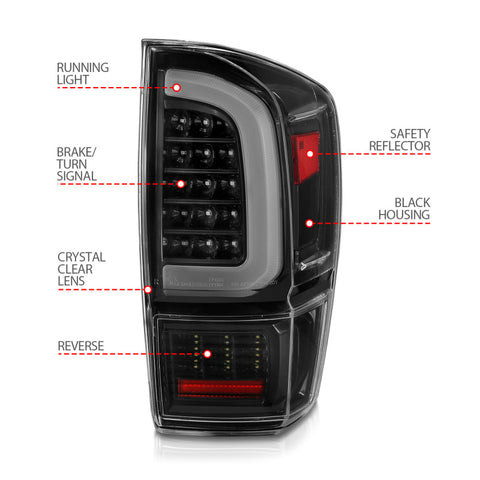 ANZO 16-21 Toyota Tacoma LED Tail Lights - w/ Light Bar Sequential Black Housing & Clear Lens - 311400