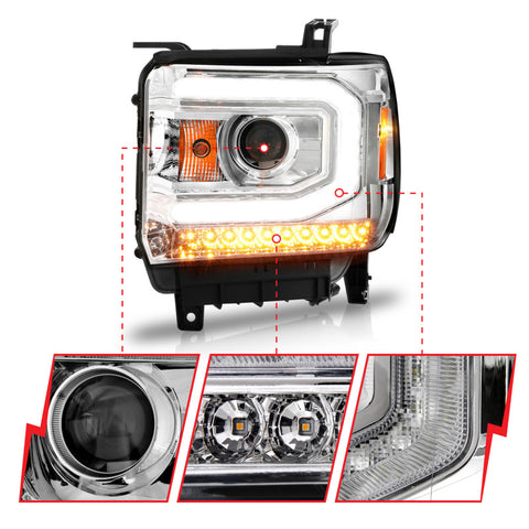 ANZO 2014-2015 GMC Sierra 1500 Projector Headlights w/ Light Bar Chrome Housing (Halogen Type) - 111514
