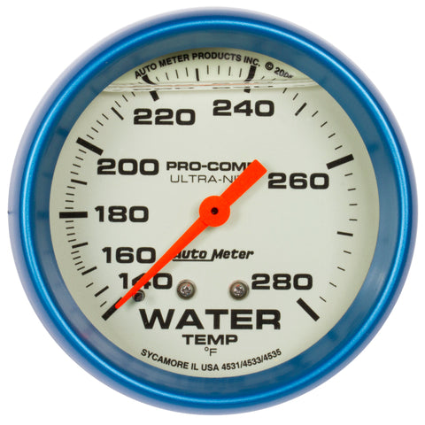 AutoMeter Gauge Wtemp 2-5/8in. 140-280 Deg. F Liq Filled Mech 4ft. Glow In Dark Ultra-Nite - 4235