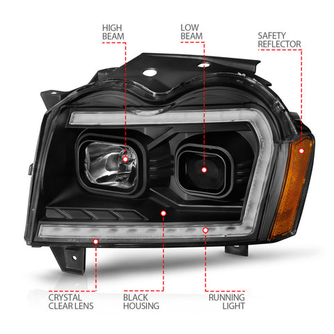 ANZO 2005-2007 Jeep Grand Cherokee Projector Headlights w/ Light Bar Switchback Black Housing - 111543