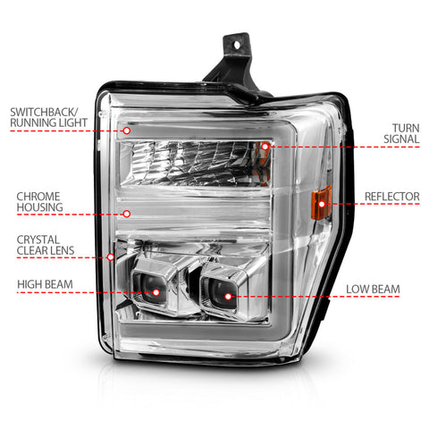 ANZO 08-10 Ford F-250 - F-550 Super Duty Projector Headlights w/ Light Bar Switchback Chrome Housing - 111587