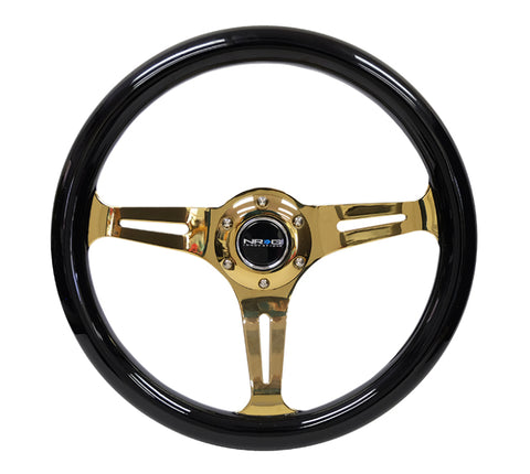NRG Classic Wood Grain Steering Wheel (350mm) Black Grip w/Chrome Gold 3-Spoke Center - ST-015CG-BK