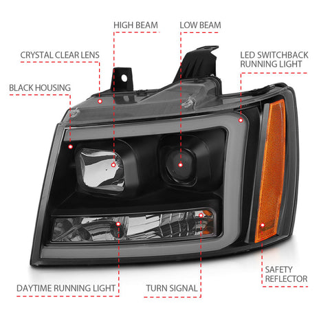 ANZO 07-14 Chevy Tahoe Projector Headlights w/ Plank Style Design Black w/ Amber - 111402
