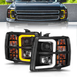 ANZO 2007-2013 Chevrolet Silverado 1500 Projector w/ Light Bar Black Housing w/ Sequential - 111545