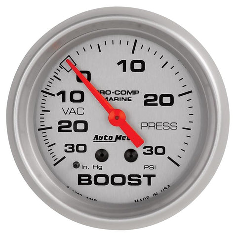 AutoMeter Marine Vac/Boost Gauge 2 5/8in 30INHG 30PSI Mechanical- Silver - 200775-33