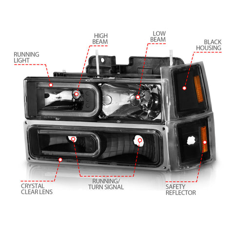 ANZO 88-98 Chevrolet C1500 Crystal Headlights w/ Light Bar Black Housing w/ Signal Side Markers 8Pcs - 111528