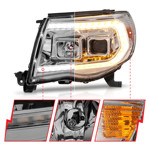 ANZO 05-11 Toyota Tacoma Projector Headlights w/Light Bar Switchback Chrome Housing - 111565