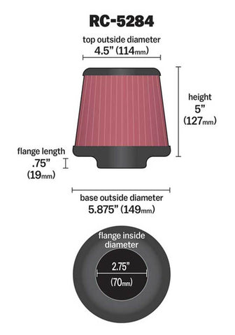 K&N Universal Clamp-On Air Filter 2-3/4in FLG / 5-7/8in B / 4-1/2in T / 5in H - RC-5284